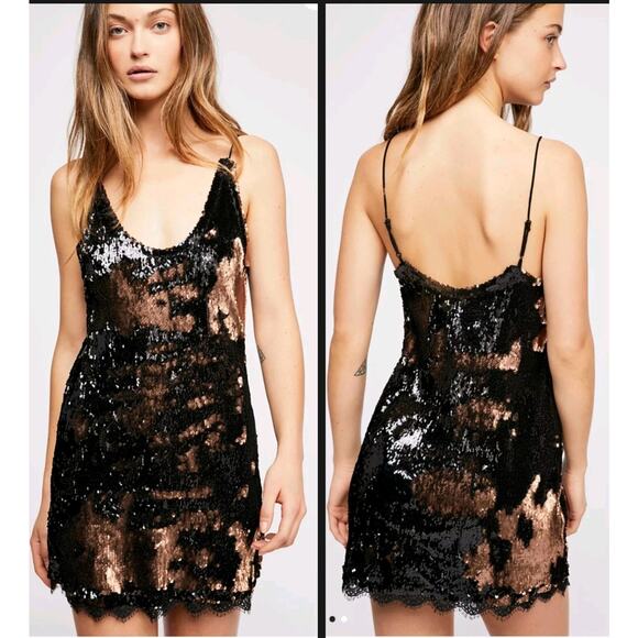 Free People Seeing Double Bronze Gold/Black Sequin Slip Dress Large Sparkle Eras - Picture 1 of 9